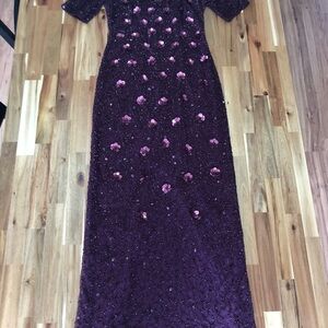Adrianna Papell Deep Purple Beaded Maxi Dress with Floral Appliqués